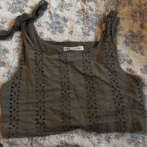 Zara Green Sleeveless Crop Tank Top with Tie Front